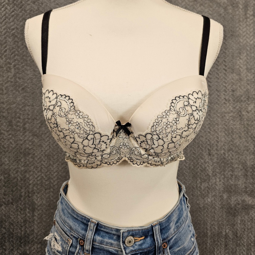 Victorias Secret Dream Angels Lined Demi Bra 36C Cream Black Lace Rhinestone